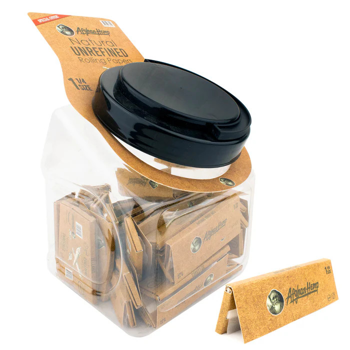 AFGHAN HEMP - NATURAL UNREFINED ROLLING PAPERS 1 1/4 - JAR DISPLAY OF 50 PACKS - JAR 1 1/4