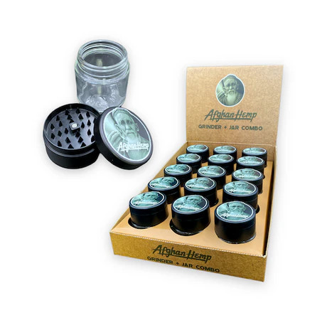 Afghan Hemp - JAR DISPLAY OF 15 - GRINDER + GLASS JAR COMBO