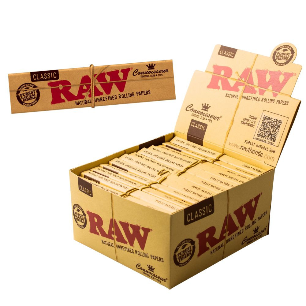 RAW - Classic Connoisseur King Size Slim with Tips Rolling Paper| Box of 24 Packs