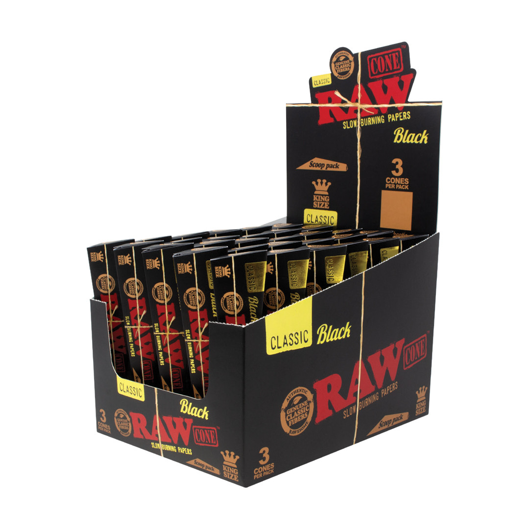 Raw Black King Size Triangle Scoop Cones 3pk 30/Box